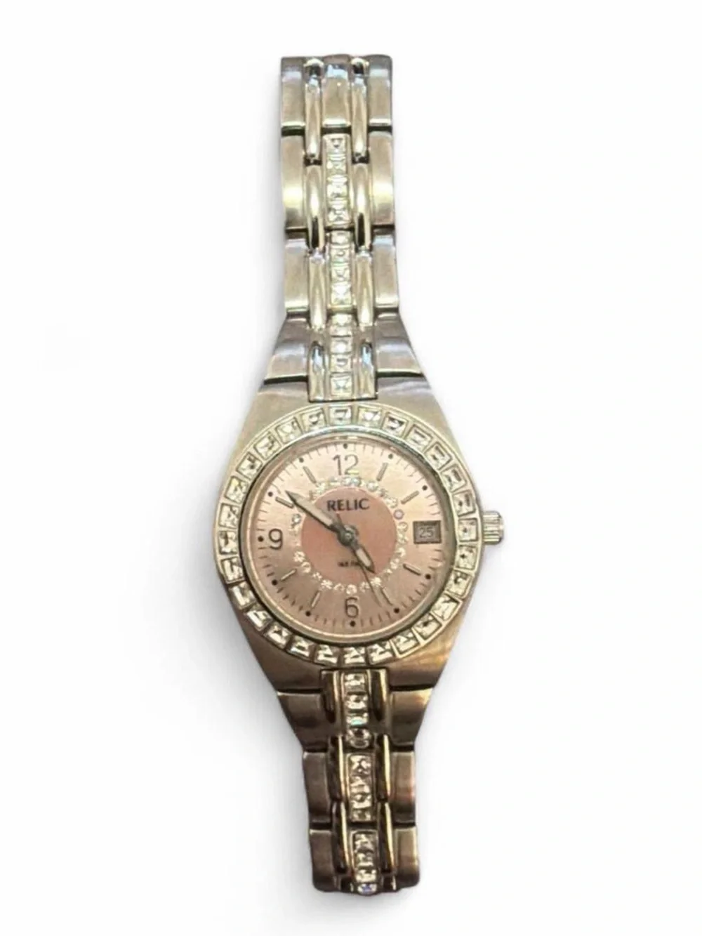Relic Silver-Tone Bracelet Watch with Pink Dial and Crystal Accents